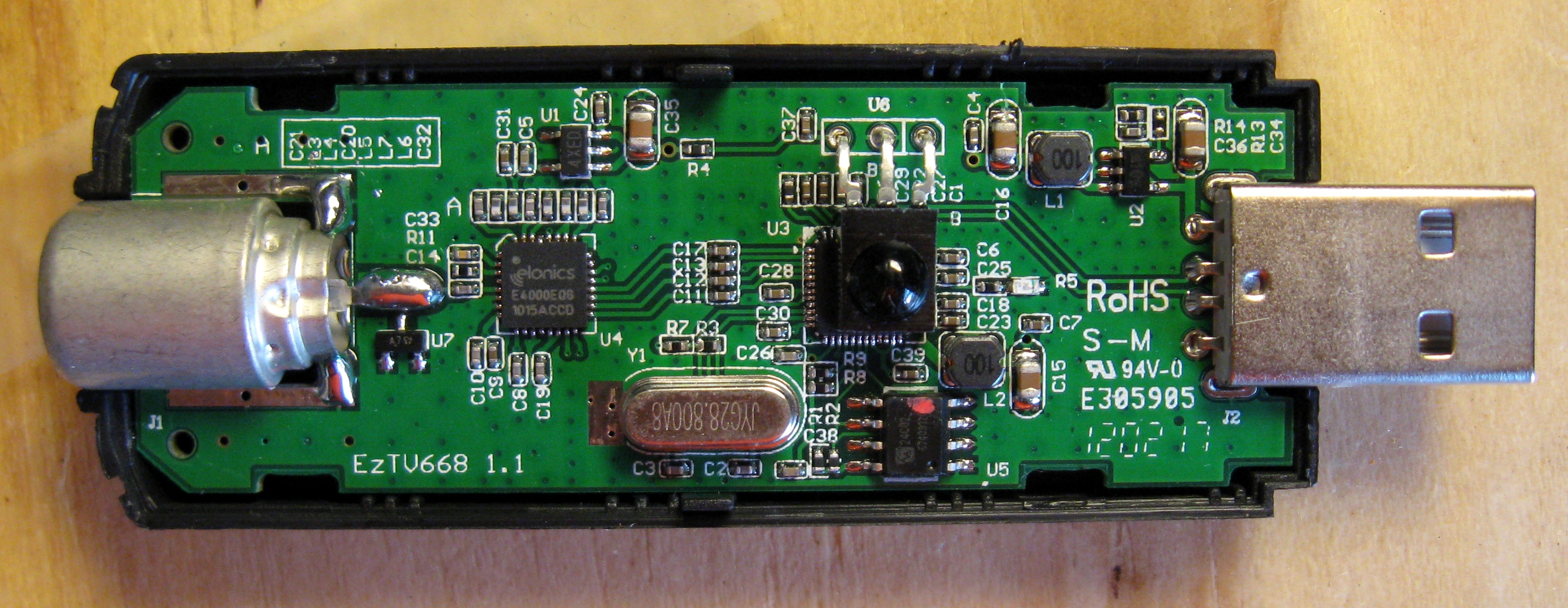 RTL-SDR dongle prototype with the relevant integrated components