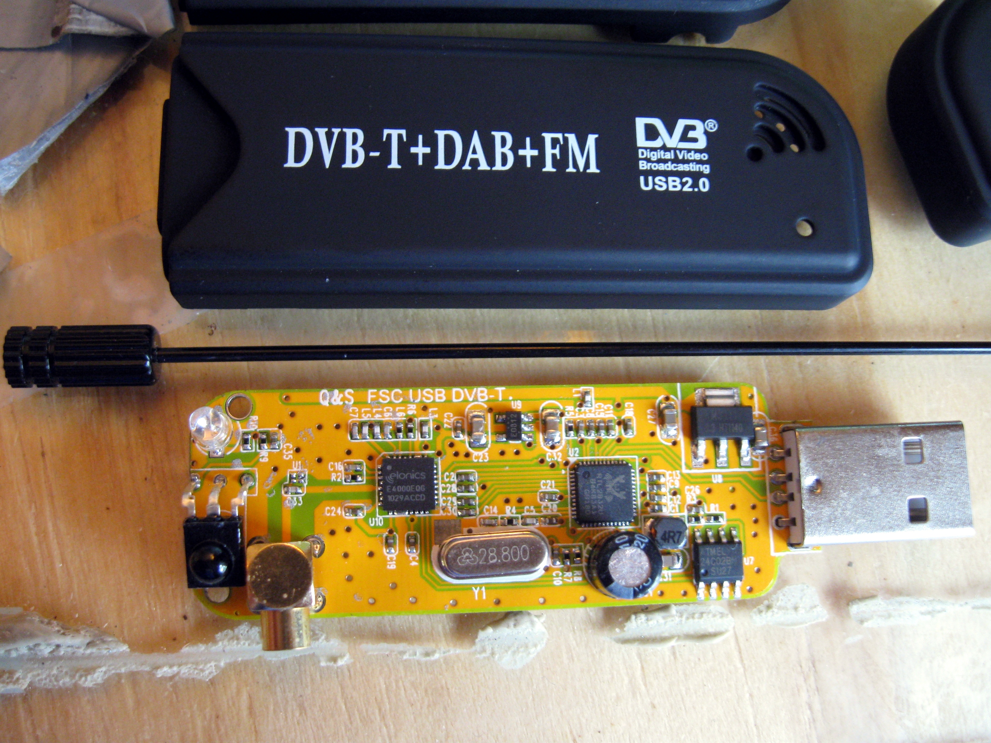 RTL-SDR dongle prototype with the relevant integrated components